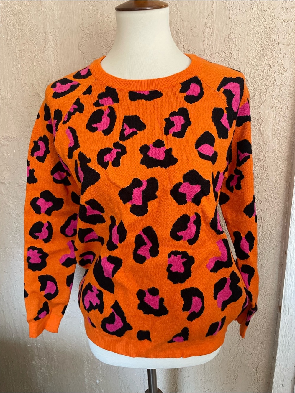 BiBi Orange Leopard-Print Crewneck Sweater with Pink & Black Accents
